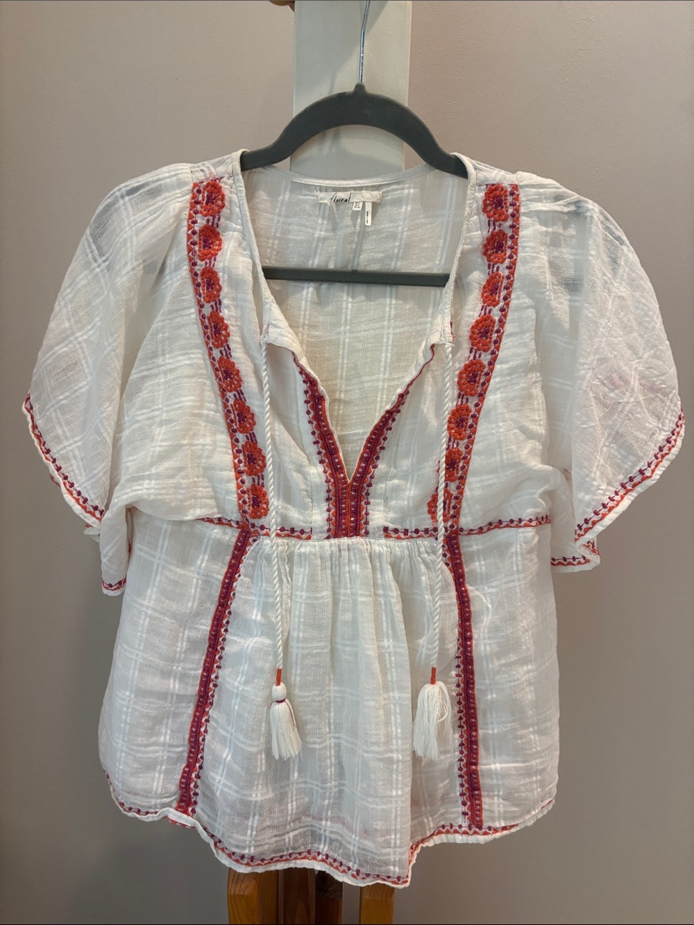 Anthropologie White Gauze Tunic with Purple and Orange Embroidery